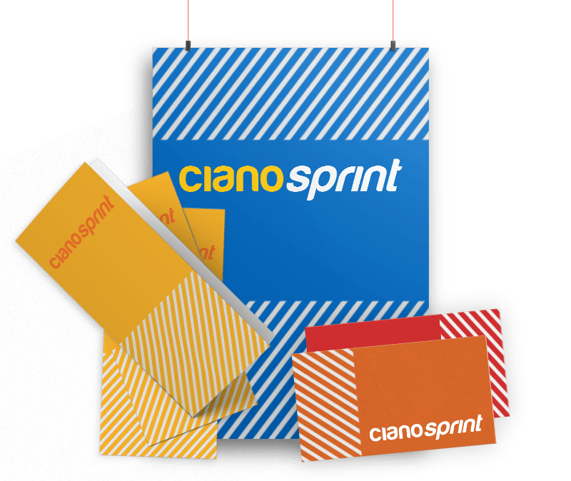 Prodotti personalizzati logo CianoSprint: banner, volantini, biglietti da visita